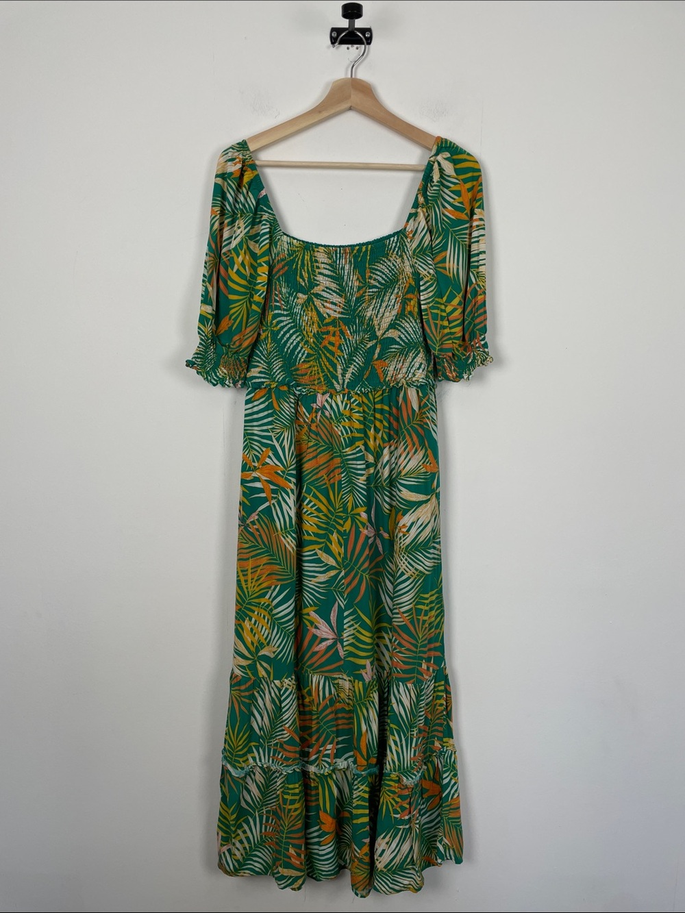 Betsey Johnson Women L Green Tropical Palm Print Square-Neck Smocked Maxi Dress - Picture 5 of 8